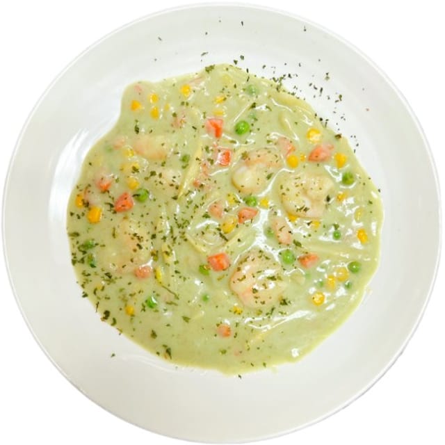 Shrimp, Bamboo Shoot, Corn, Peas & Carrots.